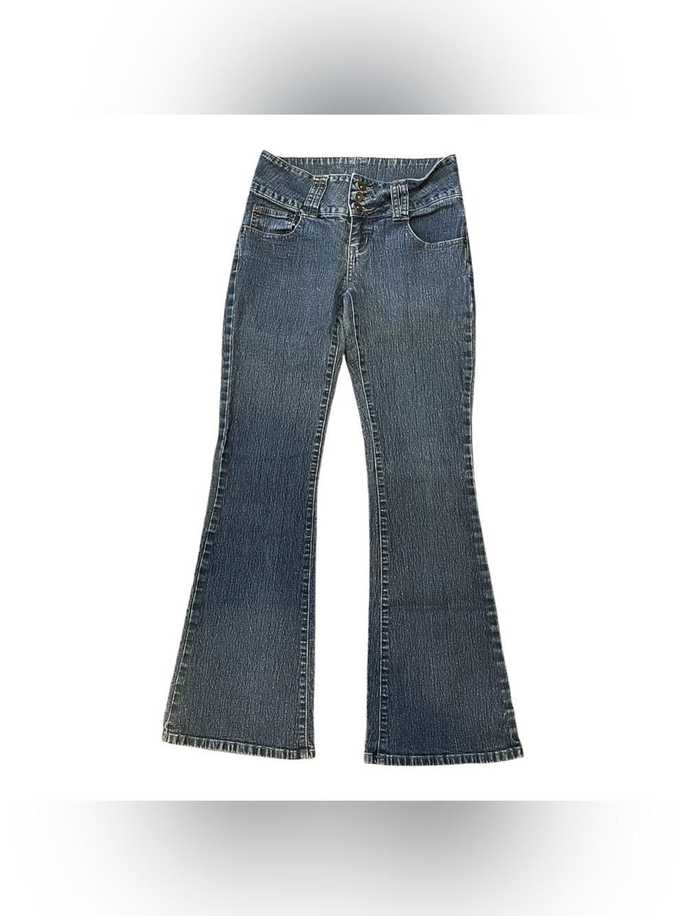 Y2K Vtg VSK Jeans Women’s 9 Flare Triple Button Stretch Mid Rise Wide Waistband